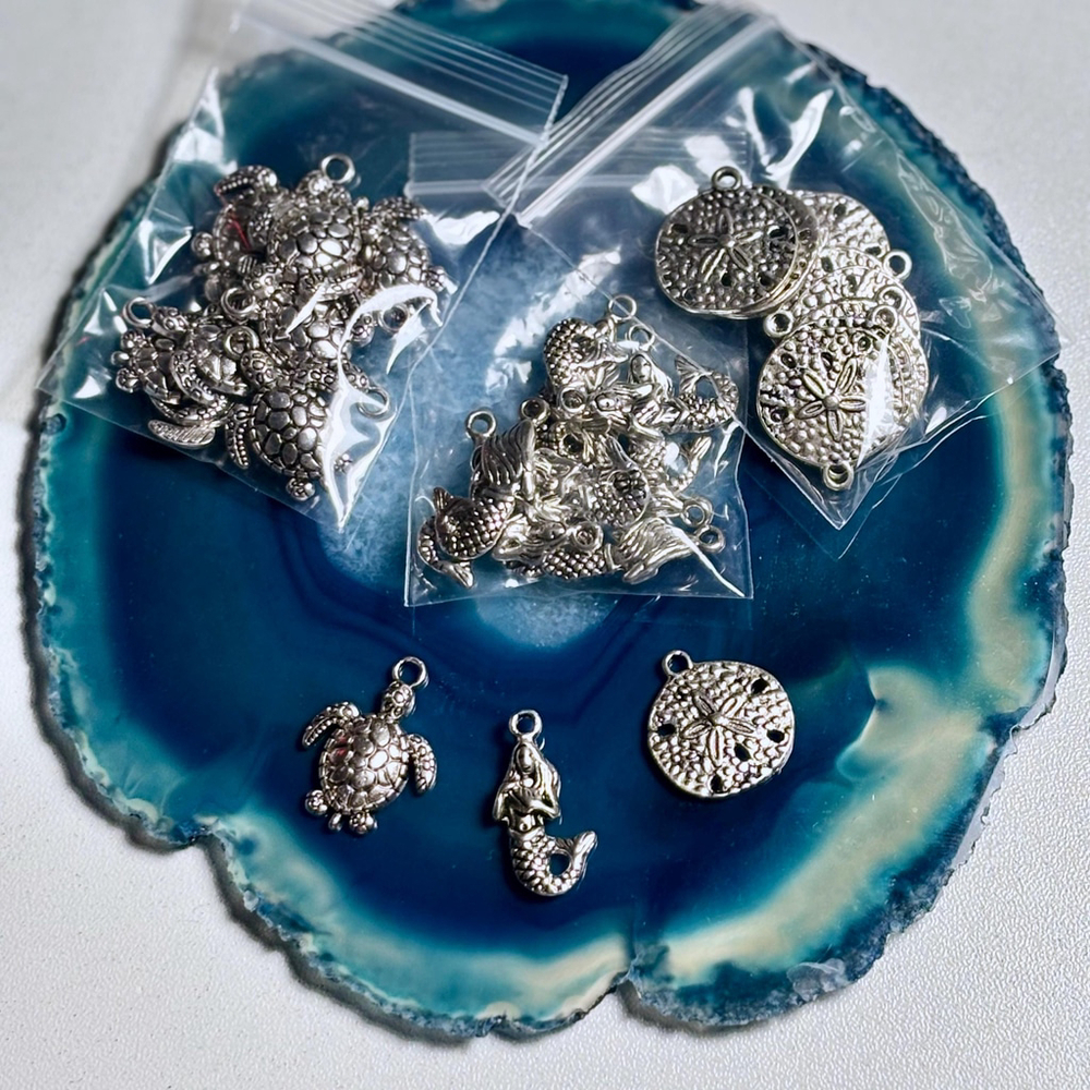 30 Piece Silver Tone Nautical Charm Lot - Sea Turtle, Mermaid, Sand Dollar Mix